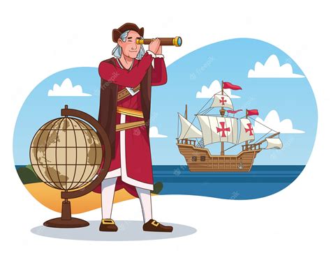 Premium Vector Columbus Day Celebration Scene Of Christopher Using