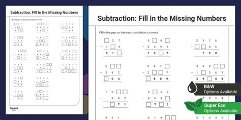 Subtraction Fill In The Missing Numbers Activity Sheet