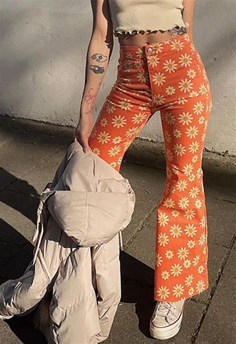 Daisy Print High Waist Flare Leg Pants Orange L Anotherchill