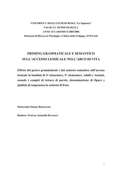 Priming Grammaticale E Semantico Sull Accesso Lessicale Nell Padis