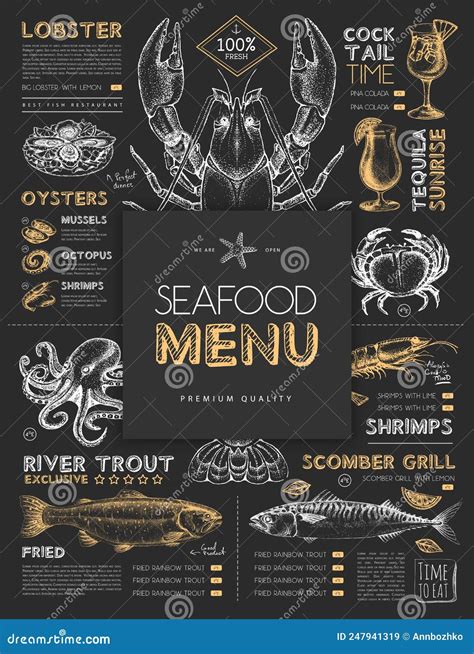 Chalk Drawing Seafood Restaurant Menu Design With Hand Drawing Fish