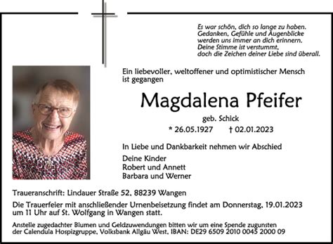 Traueranzeigen Von Magdalena Pfeifer Schwaebische De Trauerportal