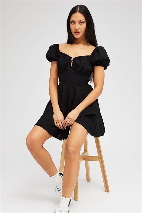 Black Fit And Flare Dress Puff Sleeve Mini Ally Fashion