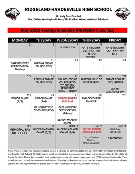 RHHS May 2022 Testing Schedule | Ridgeland Secondary Academy of Excellence