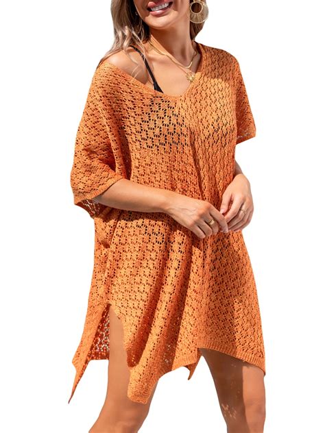 Women Crochet Bikini Cover Ups Knit Cutout Split Beach Dress For Bikini