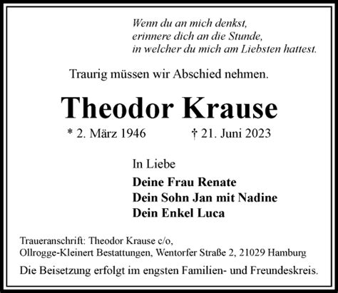 Traueranzeigen Von Theodor Krause Hamburgertrauer De