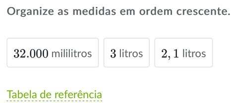 Solved Organize As Medidas Em Ordem Crescente 32 000 Mililitros 3 Litros 2 1 Litros Tabela De