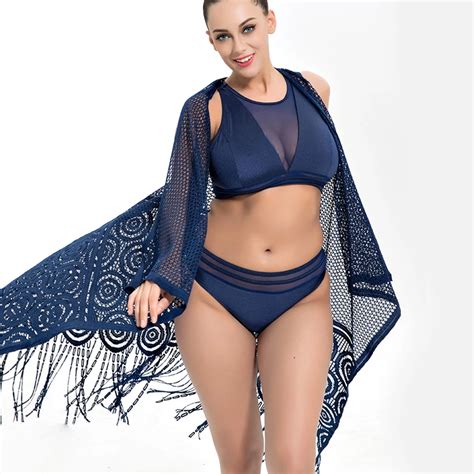 Buy Solid Plus Size Bikini Set Women Crochet Cover Ups