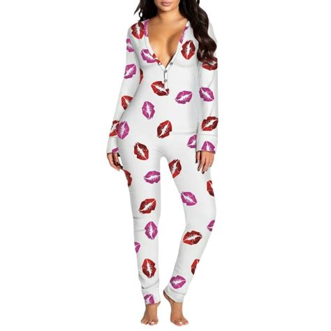 Licupiee Women Sexy Deep V Neck Butt Flap Pajamas Onesie Long Sleeve One Piece Bodycon Bodysuit