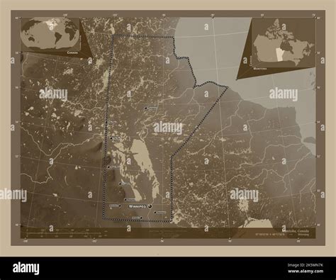 Manitoba Province Of Canada Elevation Map Colored In Sepia Tones With Lakes And Rivers