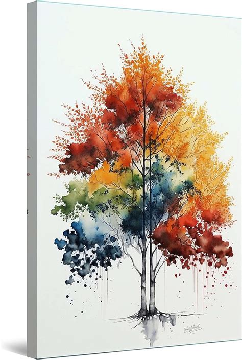 AAzaqTin Canvas Wall Art Abstract Red Orange Watercolor Tree Painting