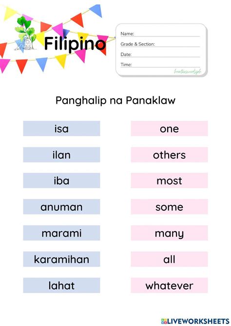 Panghalip Pananong At Panghalip Panaklaw Worksheet Panuto Isulat Sa