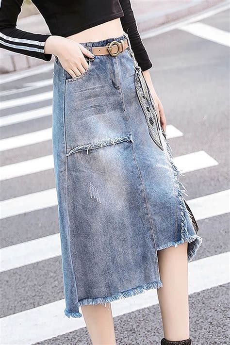 Mid Length Irregular A Line Skirt With Raw Edges Skirts Womens Denim