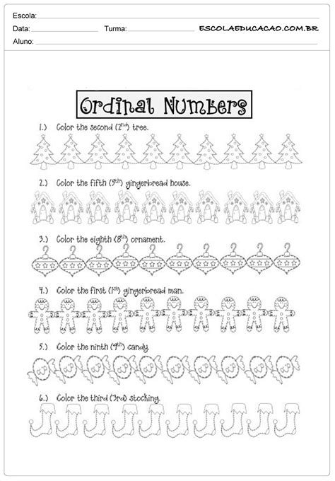 atividades numeros ordinais em ingles pinte corretamente Escola Educação