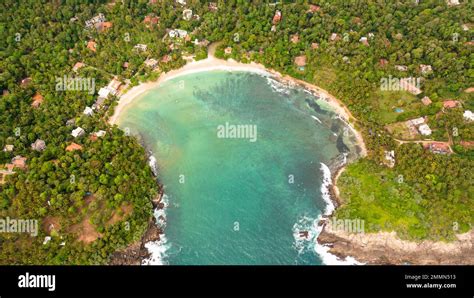 Aerial Drone Of Bay With A Hiriketiya Beach Among Palm Trees Surf Spot