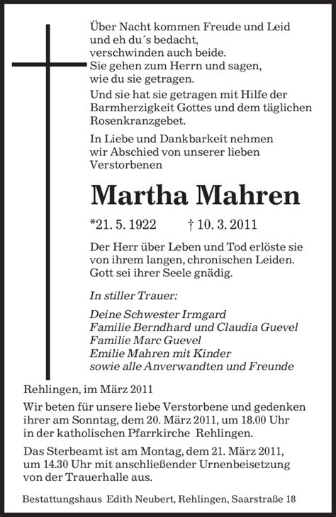 Traueranzeigen Von Martha Mahren Saarbruecker Zeitung Trauer De