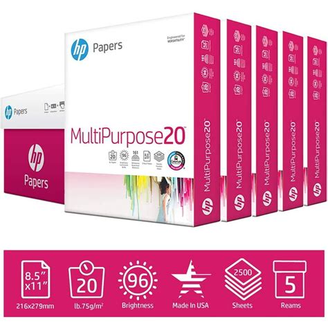 Hp Printer Paper Multipurpose20 85x11 20lb 96 Bright 5 Ream