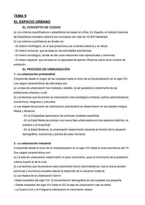 T9 Tema 9 TEMA 9 EL ESPACIO URBANO EL CONCEPTO DE CIUDAD A Los