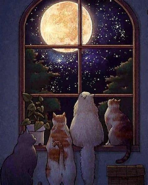 Three Cats Are Looking Out The Window At The Moon