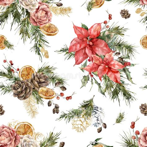 Watercolor Christmas Seamless Pattern Of Poinsettias Roses Gold Pine