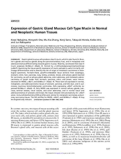 Pdf Expression Of Gastric Gland Mucous Cell Type Mucin In Normal And