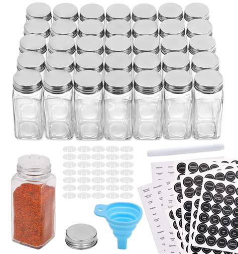 Aozita 36 Pcs Glass Spice Jars With 810 Spice Labels 4oz Empty Square Spice Bottles Shaker