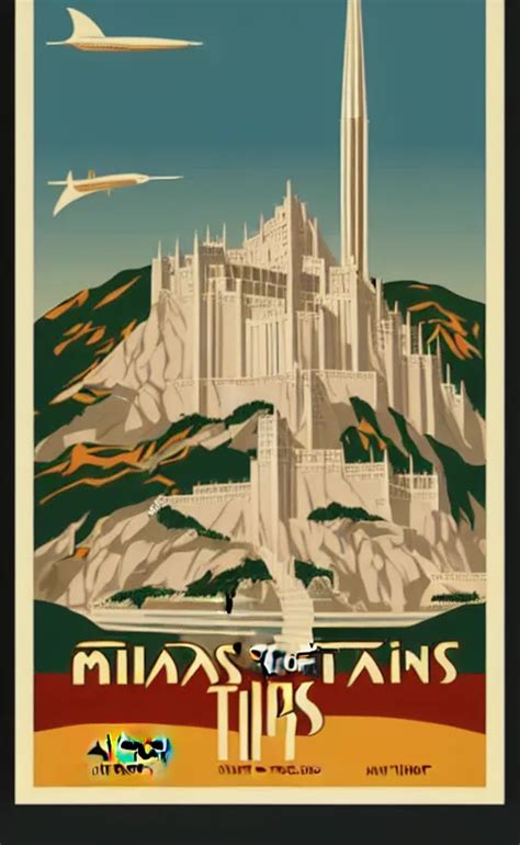 Art Deco Travel Poster Visit Minas Tirith Lord Of Stable Diffusion