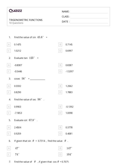 50 Trigonometric Functions Worksheets For 10th Class On Quizizz Free