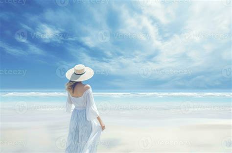 Beautiful Woman In White Dress And Hat Walking On The Beautiful