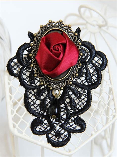 Gothic Retro Black Lace Red Rose Flower Handmade Fashion Female Brooch