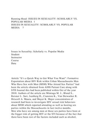 Running Head ISSUES IN SEXUALITY SCHOLARLY VS POPULAR MEDIA1 Docx