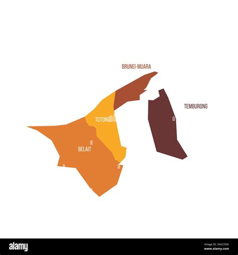 Brunei political map of administrative divisions - districts. Flat vector map with name labels ...