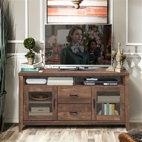 Wooden Retro TV Stand with Drawers and Tempered Glass Doors - Costway