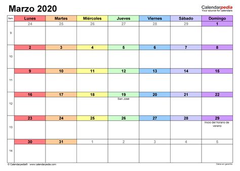 Calendario Marzo 2020 En Word Excel Y Pdf Calendarpedia