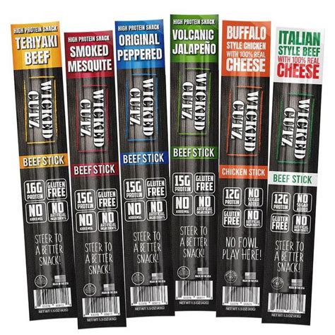 Wicked Cutz Premium Beef Jerky Sticks Protein Rich 6 Flavor Variety