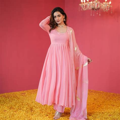 Rosy Pink Georgette Anarkali Suit Set For Women Online Maxi Dress