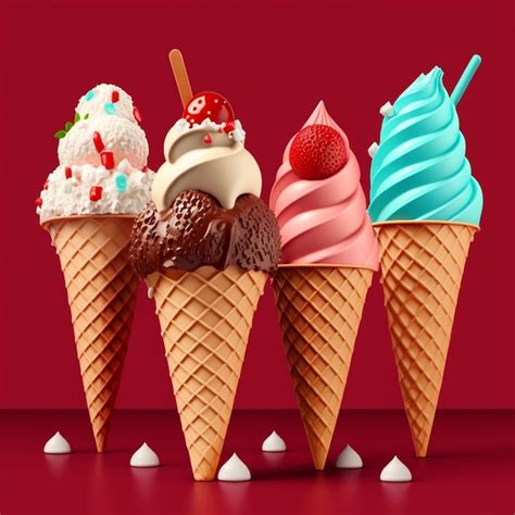 Premium Photo A Group Of Ice Cream Cones With Different Flavors On Them