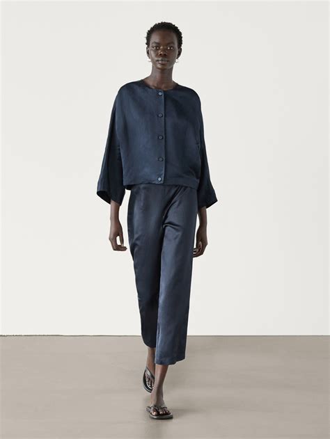 Wide Leg Satin Trousers Co Ord · Navy Blue · Dressy Massimo Dutti