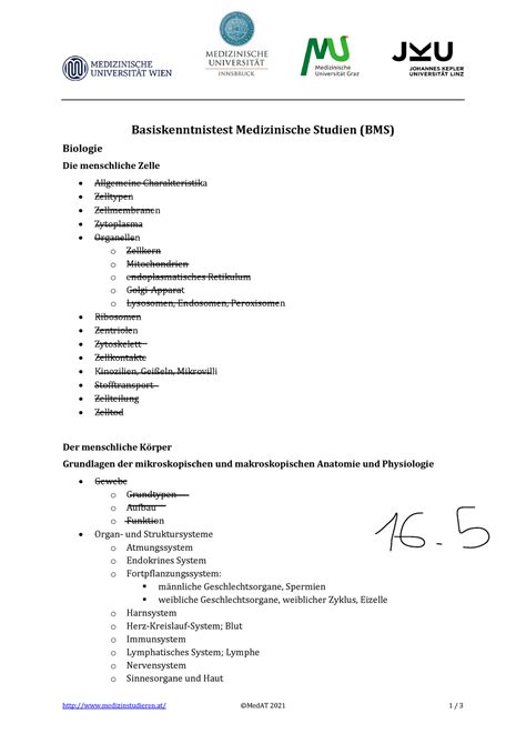 Stichwortliste Biologie 2021 für MedAT medizinstudieren MedAT 202 1