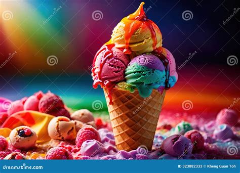 Big Colorful Rainbow Ice Cream In Cone Stock Illustration