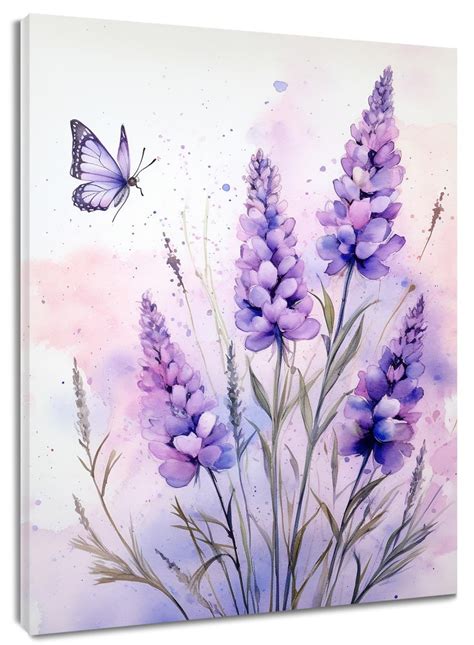 HVEST Lavender Wall Art For Living Room Purple Floral And Butterfly