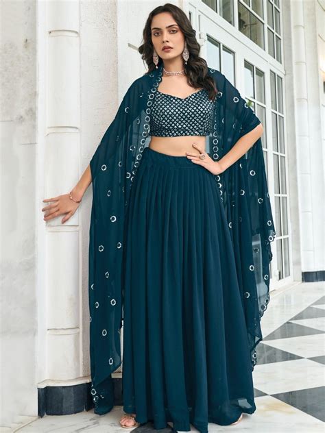 Buy Navy Blue Embroidered Georgette Cocktail Wear Lehenga Choli With