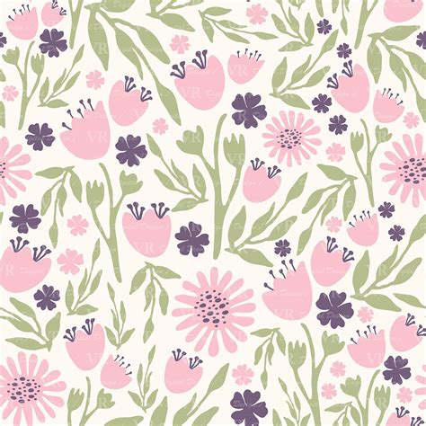 Seamless Spring Floral Digital Paper Hand Drawn Flowers Seamless Pattern Pink Purple Green