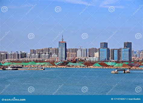 Panoramic Views of Piers, Sea Vessels, Tugboats and the City of Rizhao, China Stock Image ...