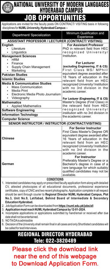 Numl University Hyderabad Jobs December 2023 2024 Visiting Faculty