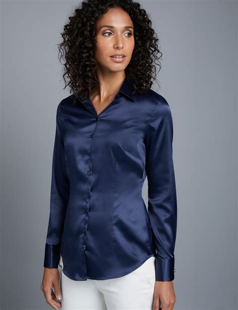 Womens Navy Fitted Satin Shirt Double Cuff Hawes And Curtis