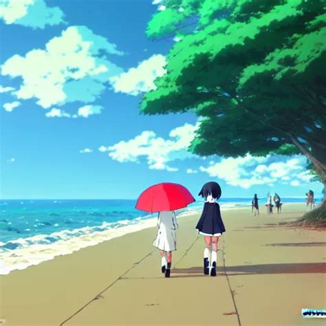 Anime Girl And Boy Walking Together On The Beach Stable Diffusion