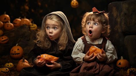 Premium AI Image | Children eating candy on Halloween with surprised faces