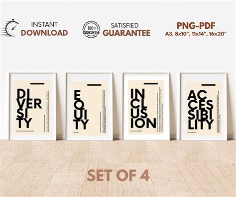 Minimalist Office Decor Set Of 4 Diversity Definition Equity Inclusion Poster Typography