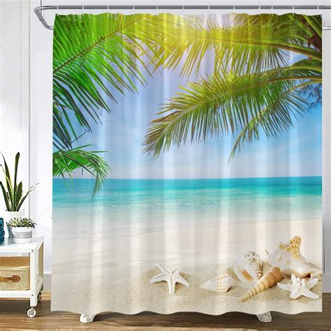 Coconut Tree Beach Shower Curtains Ocean Sea Waves Dolphin Bird Summer